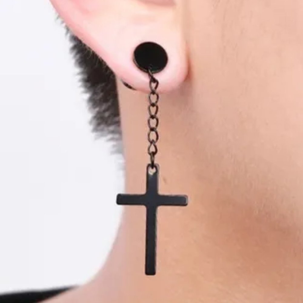 2 Piece Dangling Black‎ Cross Earrings - Ear Plugs, Punk, Goth, Alternative